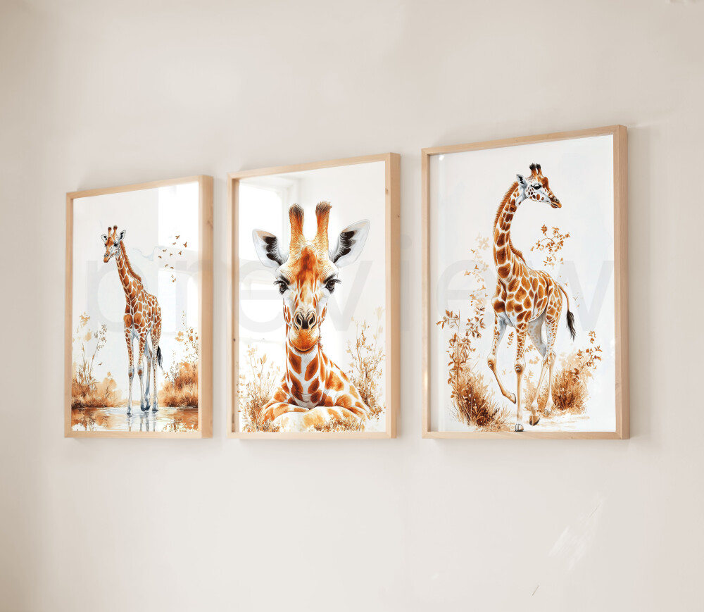 Kit 3 Quadros Safari Baby Girafinhas - Arte A3