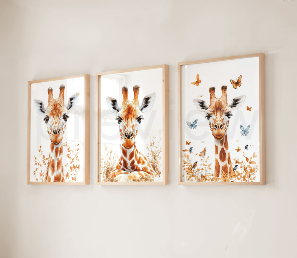Kit 3 Quadros Girafinhas Borboletas - Arte A3
