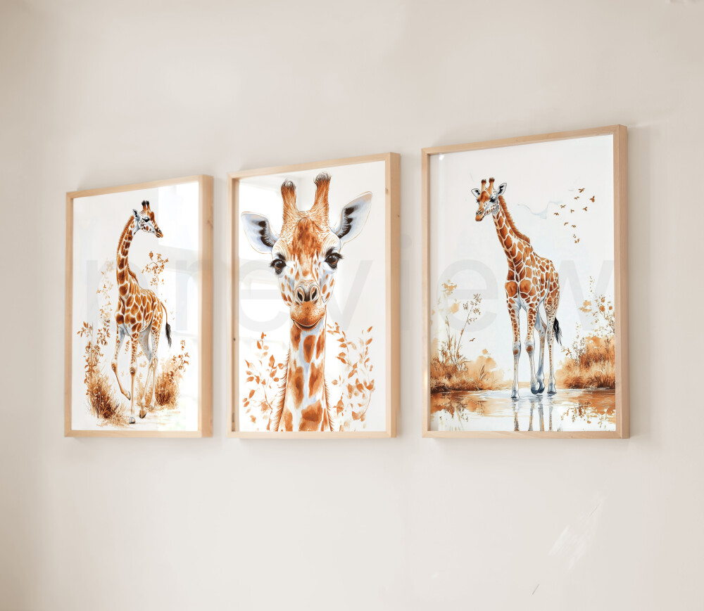 Kit 3 Quadros Girafas Infantil - Arte Digital para Imprimir