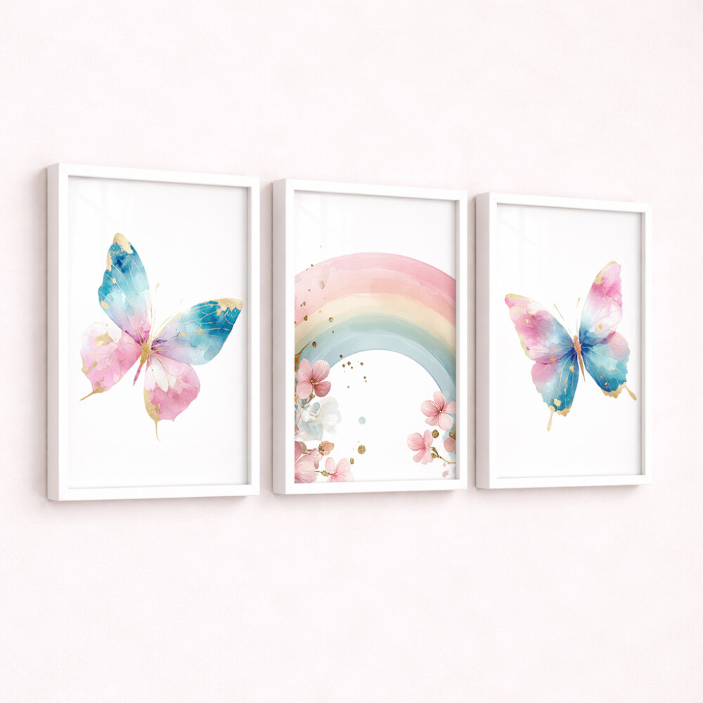 Kit 3 Quadros Infantil Borboletas e Arco-Íris - Arte Digital par