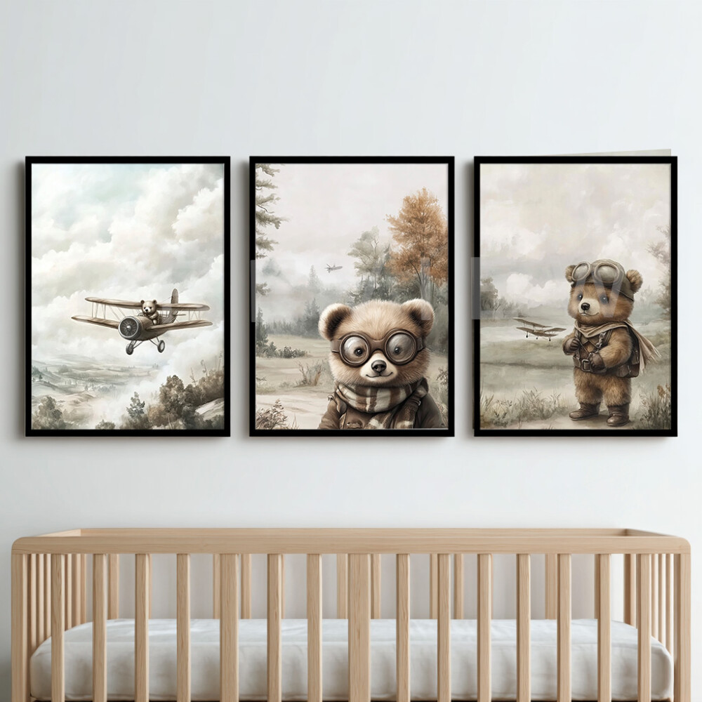 Kit 3 Quadros Ursinho Aviador Vintage | Arte Digital para Imprimi