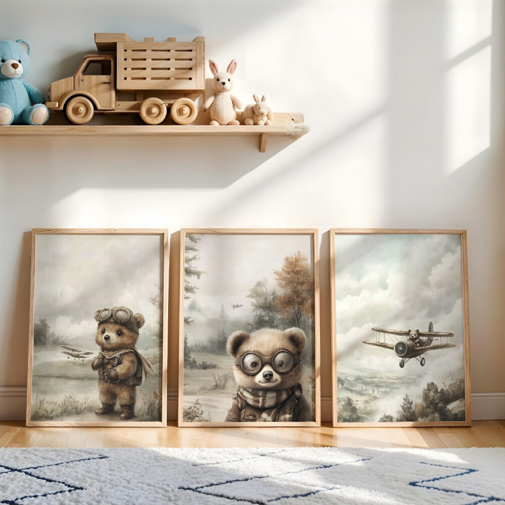 Kit 3 Quadros Ursinho Aviador Vintage | Arte Digital para Imprimi