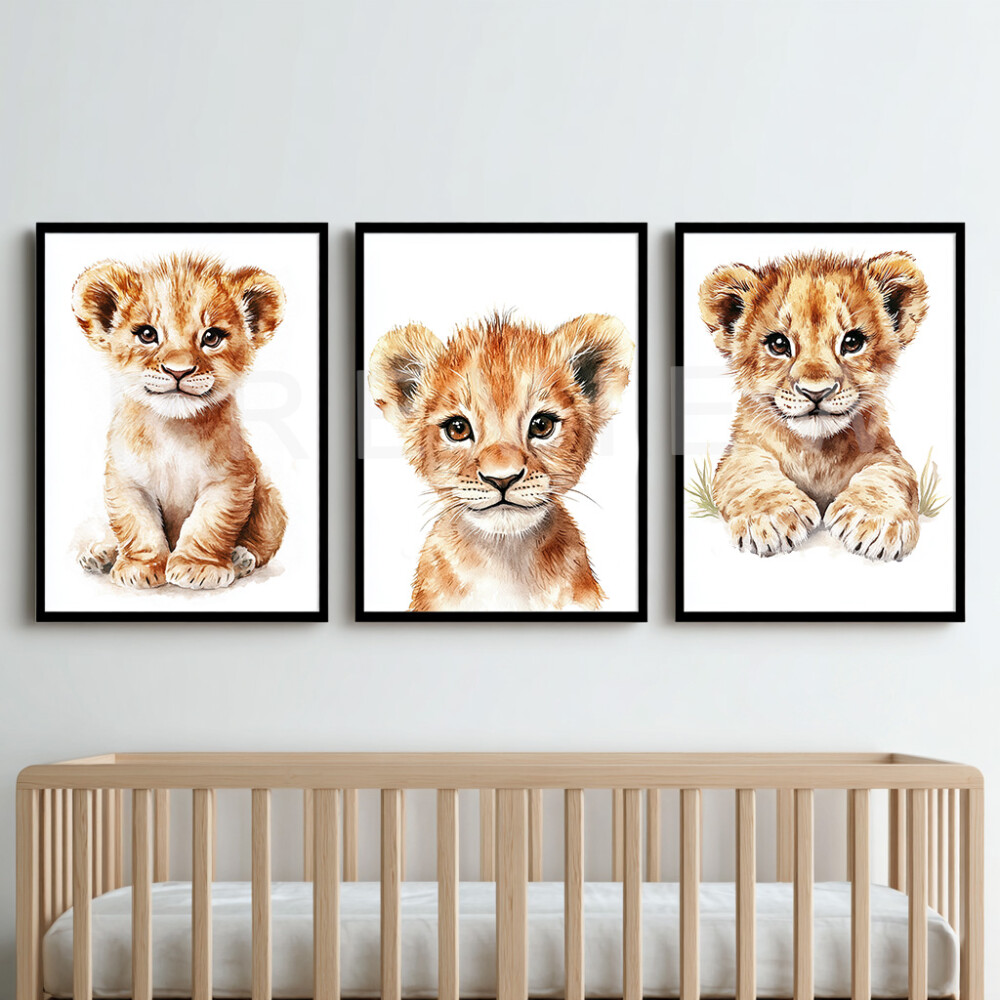 Kit 3 Quadros Infantil Leãozinho Safari | Arte Digital para Impr