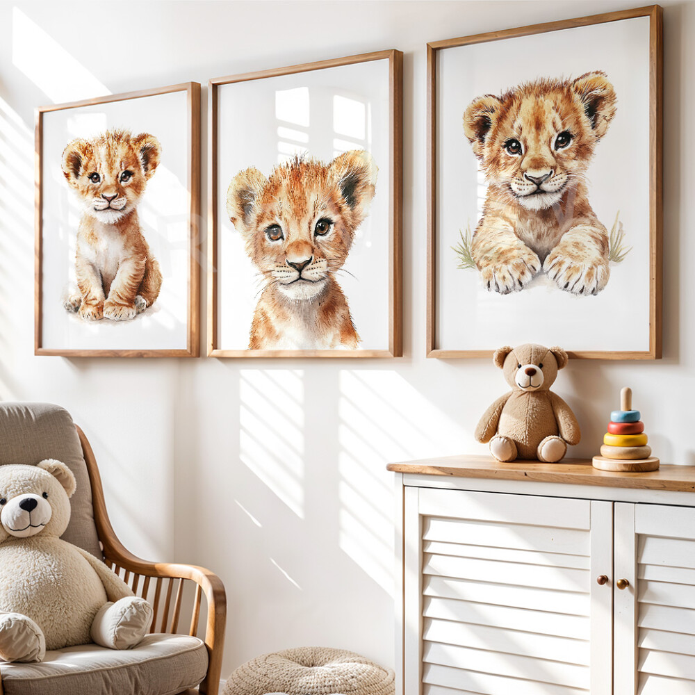 Kit 3 Quadros Infantil Leãozinho Safari | Arte Digital para Impr