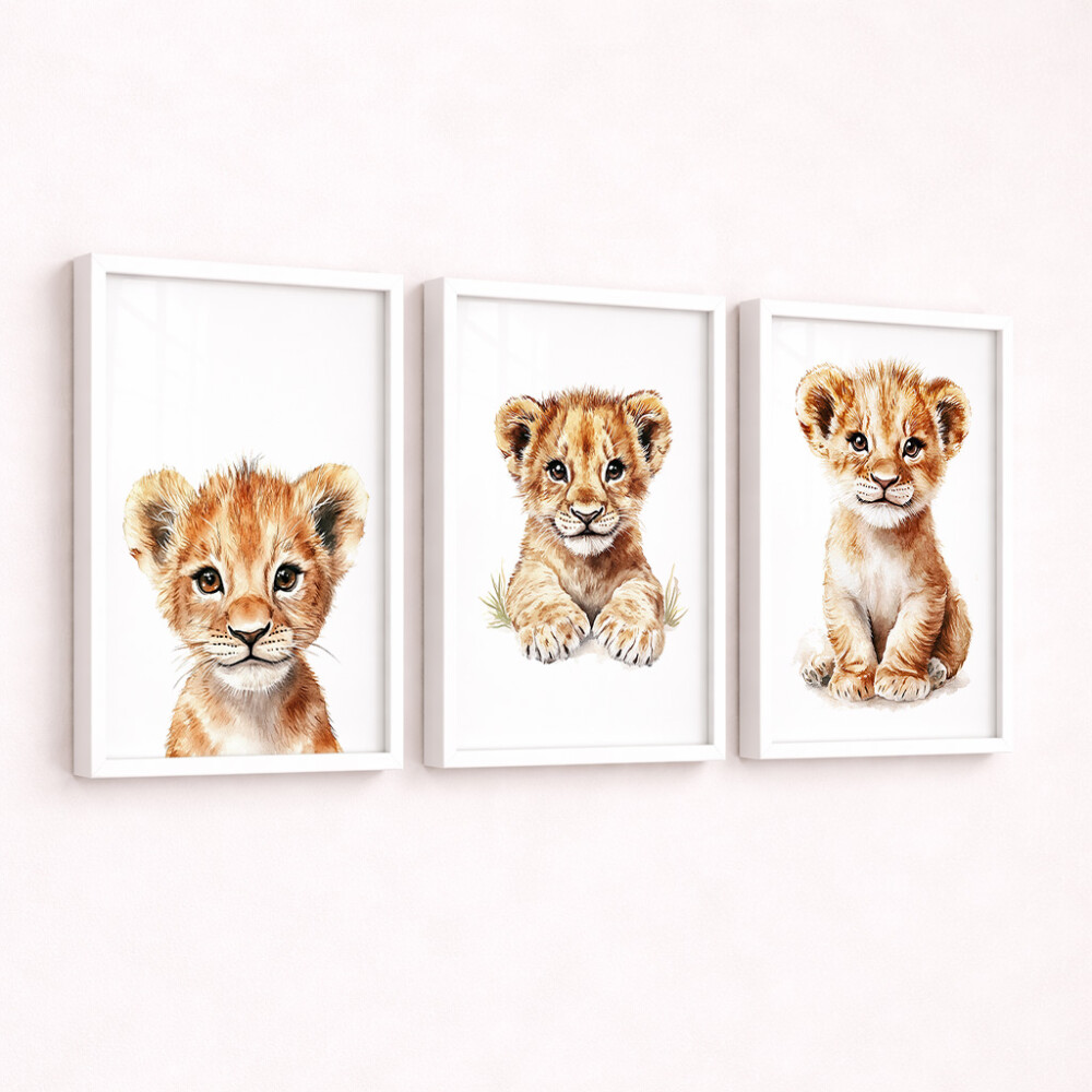 Kit 3 Quadros Infantil Leãozinho Safari | Arte Digital para Impr