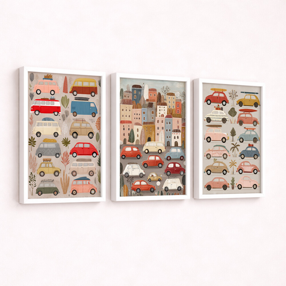 Kit 3 Quadros Infantil Carrinhos Vintage | Arte Digital para Impr