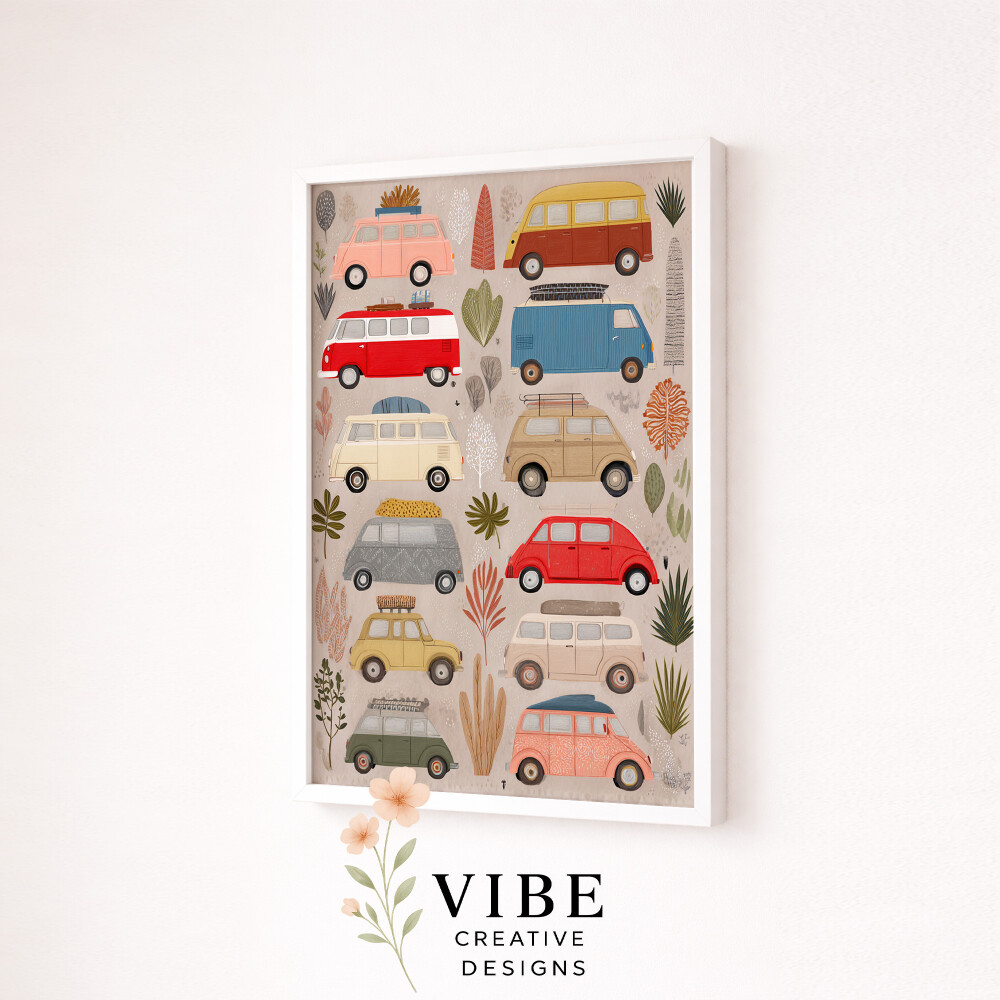 Kit 3 Quadros Infantil Carrinhos Vintage | Arte Digital para Impr