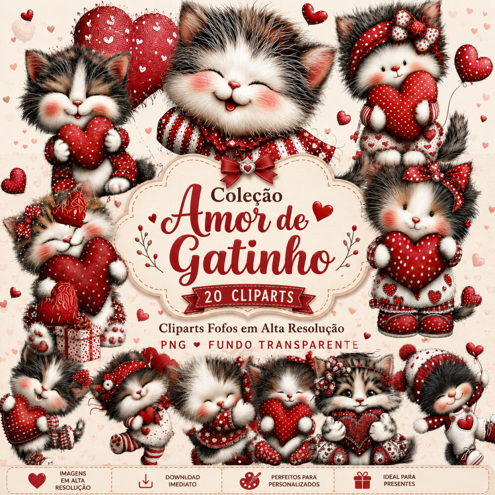 20 Cliparts Gatinhos Apaixonados PNG Fundo Transparente