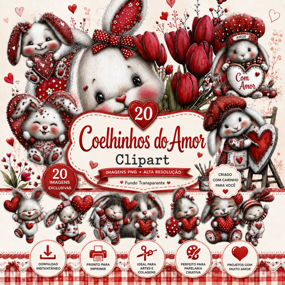 20 Cliparts Coelhinhos Apaixonados PNG Fundo Transparente