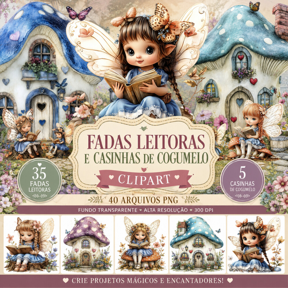 40 Cliparts Fadas Leitoras e Casas de Cogumelo PNG Fundo Transpar