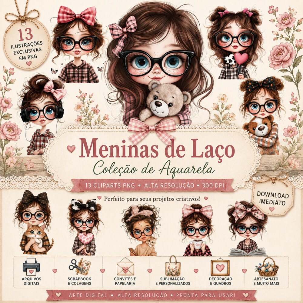 13 Cliparts Meninas de Laço PNG Fundo Transparente