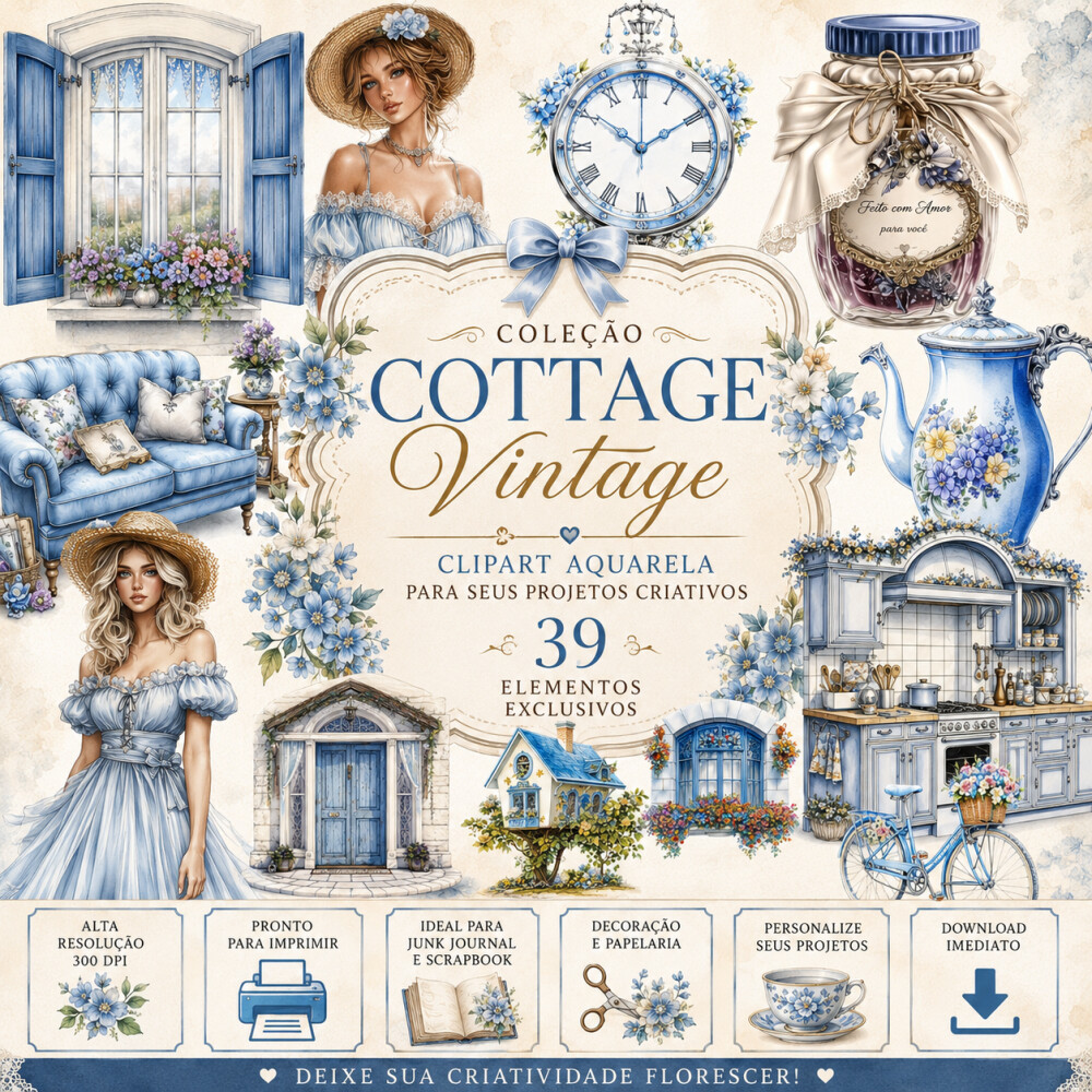 39 Cliparts Cottage Vintage PNG Fundo Transparente