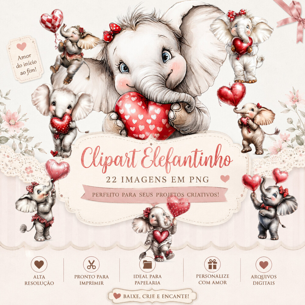 22 Cliparts Elefantinhos PNG Fundo Transparente