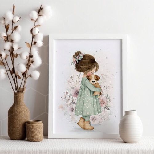 Arte digital para quadro infantil menina e cachorrinho aquarela
