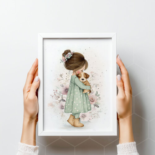Arte digital para quadro infantil menina e cachorrinho aquarela