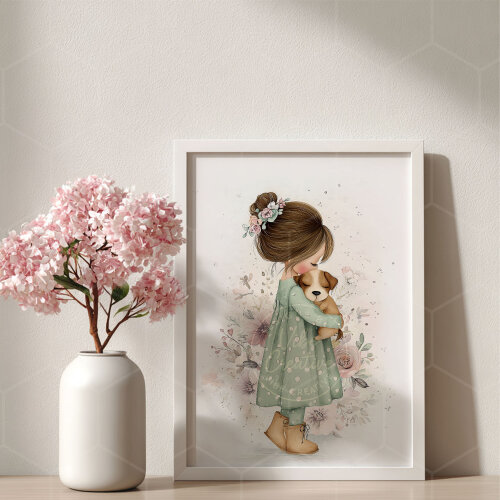 Arte digital para quadro infantil menina e cachorrinho aquarela