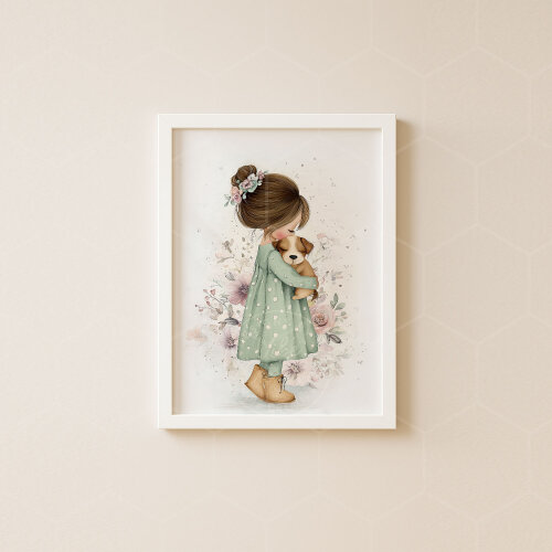 Arte digital para quadro infantil menina e cachorrinho aquarela