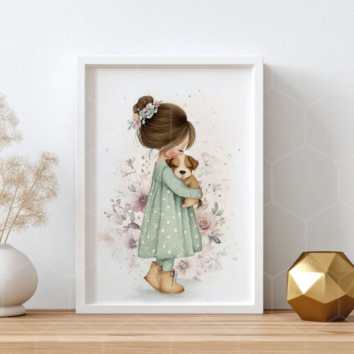 Arte digital para quadro infantil menina e cachorrinho aquarela
