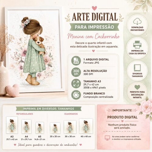Arte digital para quadro infantil menina e cachorrinho aquarela