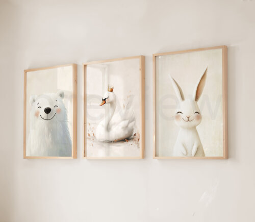 Kit 3 Quadros Infantil Animais do Bosque para Menino e Menina - Arte Digital