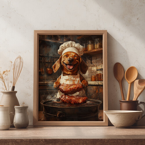 Quadro Cachorro Salsicha Churrasqueiro - Arte Digital para Imprimir