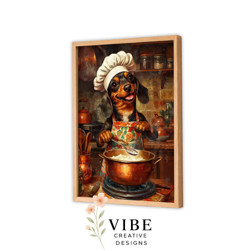 Quadro Cachorro Salsicha Chef Avental Floral - Arte Digital para Imprimir