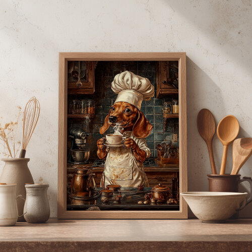 Quadro Cachorro Salsicha Chef Tomando Café - Arte A3