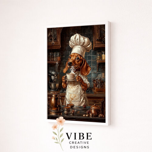 Quadro Cachorro Salsicha Chef Tomando Café - Arte Digital para Imprimir