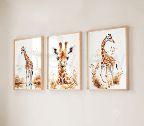 Kit 3 Quadros Digitais Safari Baby Girafinhas - Arte para Imprimir