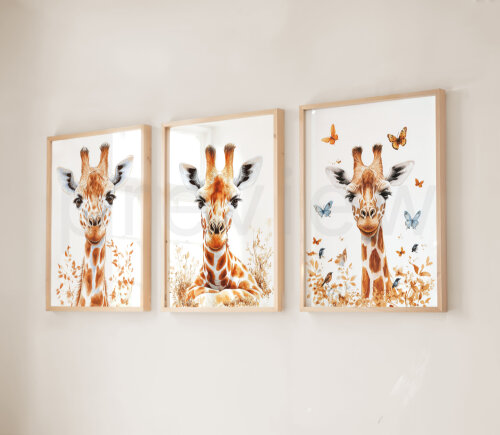 Kit 3 Quadros Digitais Girafinhas com Borboletas - Arte para Imprimir