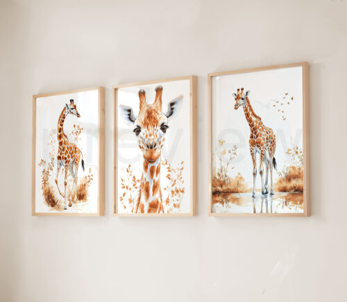 Kit 3 Quadros Girafas Infantil - Arte Digital para Imprimir