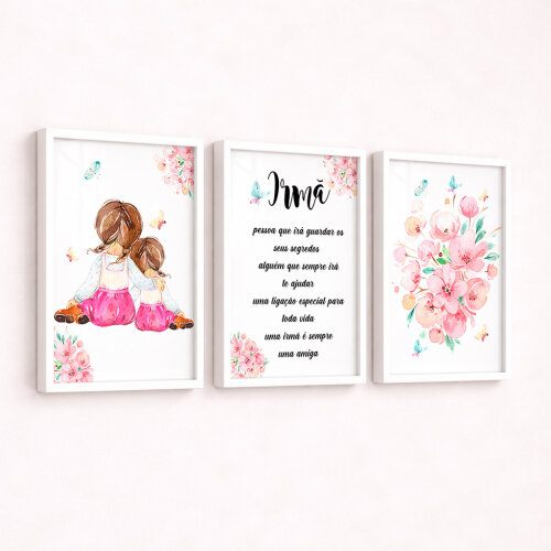 Kit 3 Quadros Infantil Irmãs com Frase - Arte Digital para Imprimir
