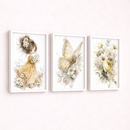 Kit 3 Quadros Infantil Menina, Borboleta e Flores - Arte Digital para Imprimir