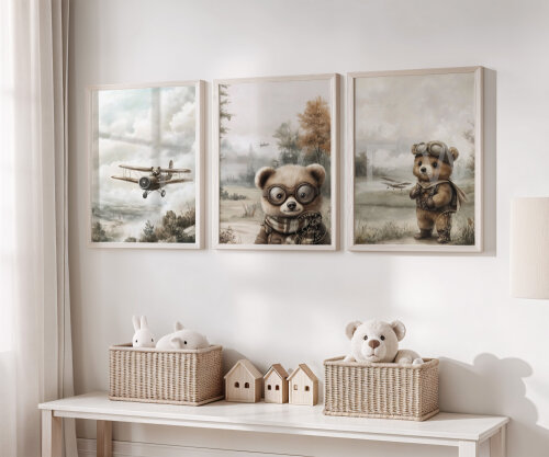 Kit 3 Quadros Infantil Ursinho Aviador Vintage - Arte Digital para Imprimir