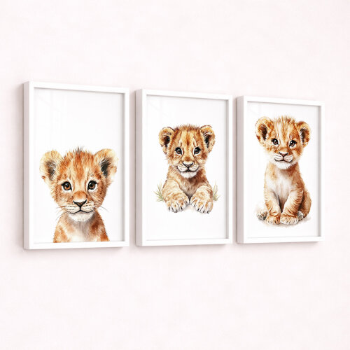 Kit 3 Quadros Infantil Leãozinho Safari | Arte Digital para Impr