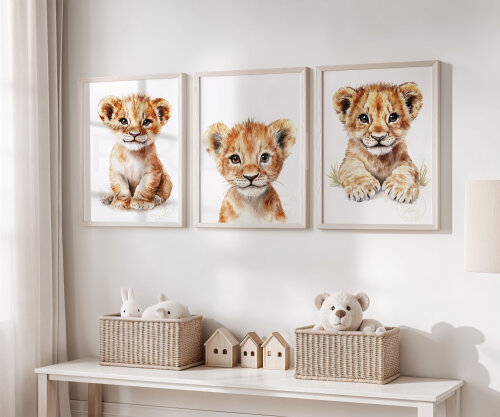 Kit 3 Quadros Infantil Leãozinho Safari | Arte Digital para Impr