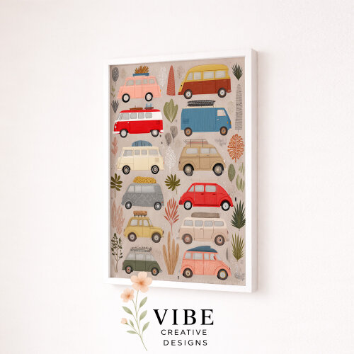 Kit 3 Quadros Infantil Carrinhos Vintage | Arte Digital para Impr
