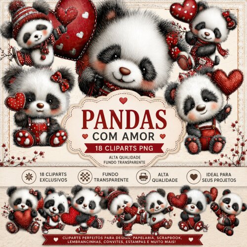 18 Cliparts Pandas Apaixonados PNG Fundo Transparente