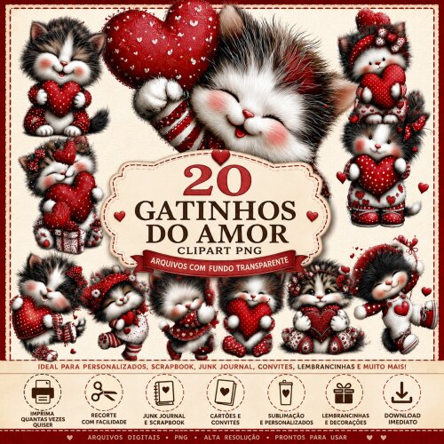 20 Cliparts Gatinhos Apaixonados PNG Fundo Transparente