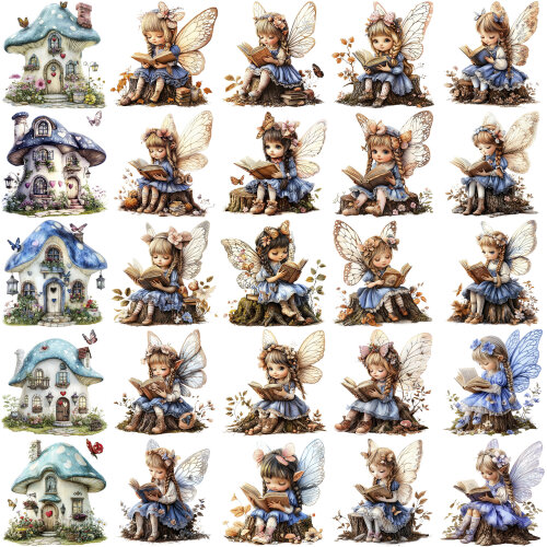 40 Cliparts Fadas Leitoras e Casas de Cogumelo PNG Fundo Transpar