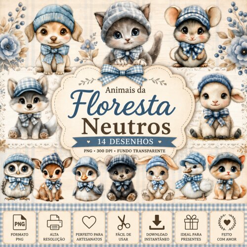 14 Cliparts Animais da Floresta Neutros PNG Fundo Transparente