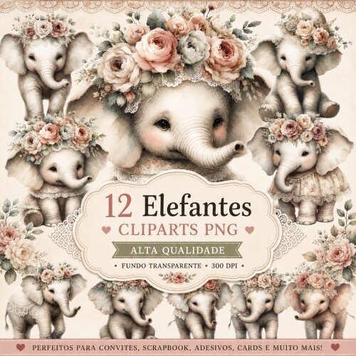 12 Cliparts Elefantinhos Baby PNG Fundo Transparente