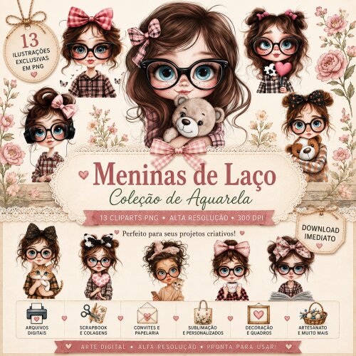 13 Cliparts Meninas de Laço PNG Fundo Transparente