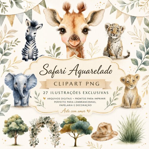 27 Cliparts Safari Aquarelado PNG Fundo Transparente