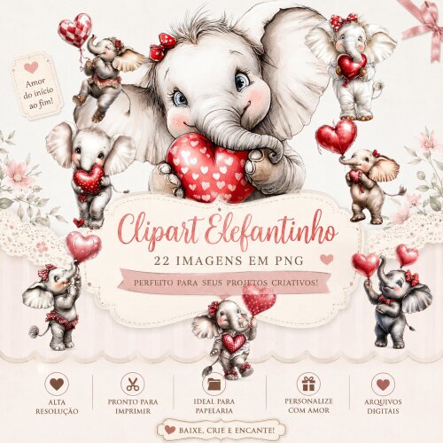 22 Cliparts Elefantinhos PNG Fundo Transparente