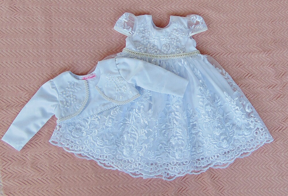 Vestido infantil de batizado branco renda com bolerinho para beb?