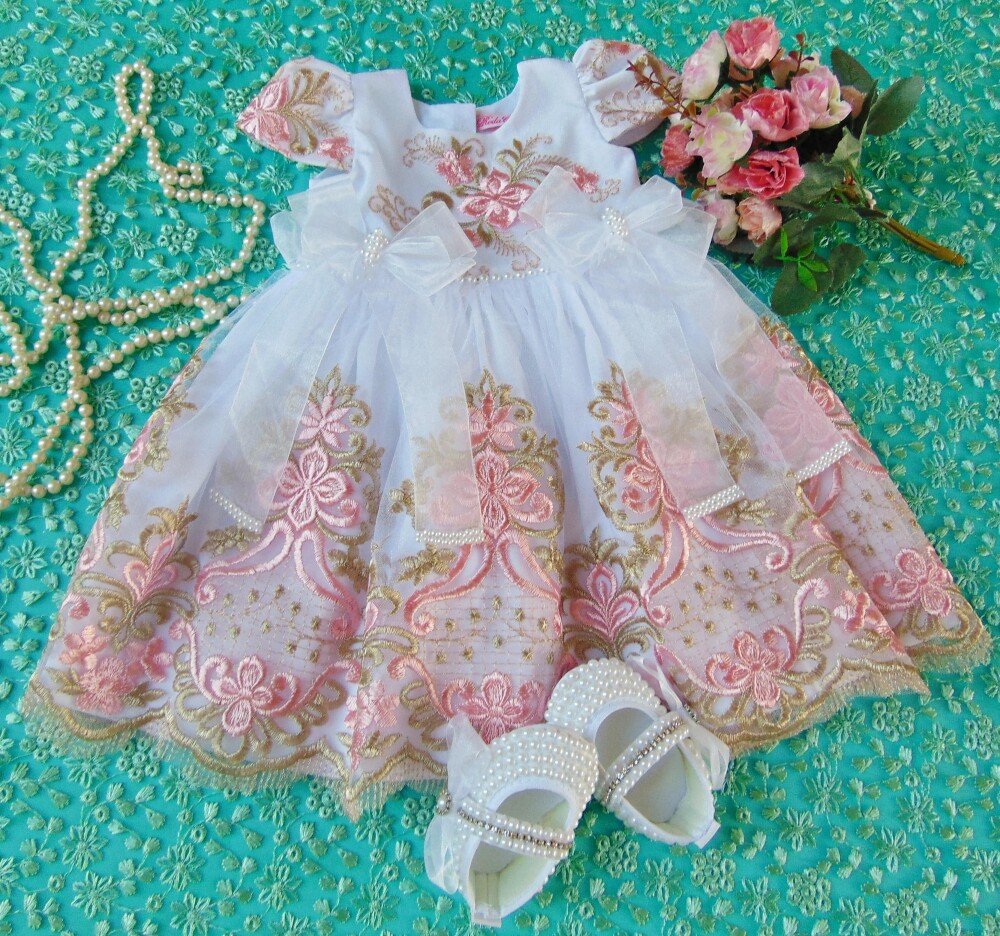 Vestido infantil de festa  luxo para bebê menina com sapatinho