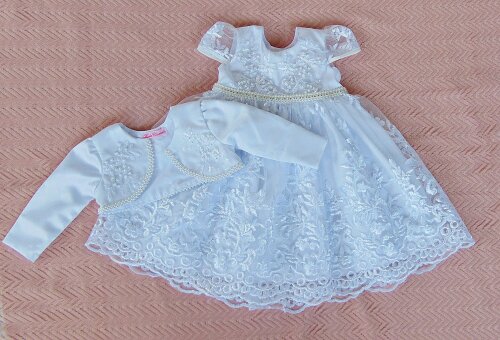 Vestido infantil de batizado branco renda com bolerinho para bebê menina