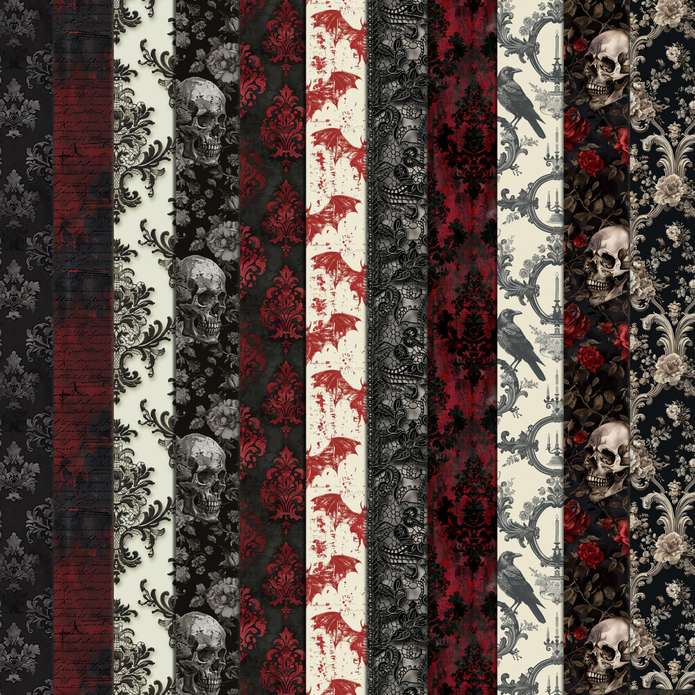 Halloween Vermelho e Preto Vintage 100 Papéis Digitais Seamless 
