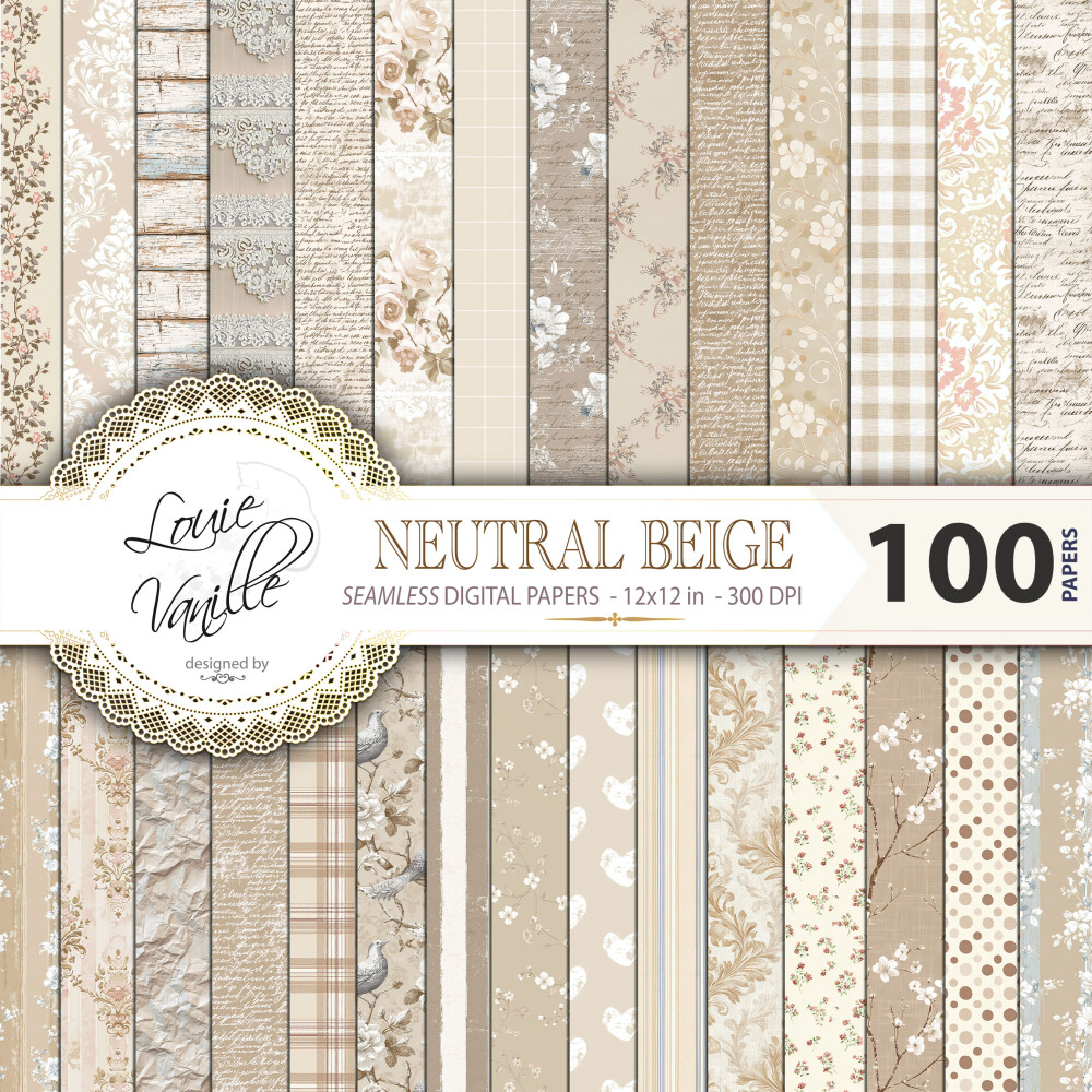 Kit Bege Neutro Vintage 100 Papéis Digitais Seamless (Sem Emenda